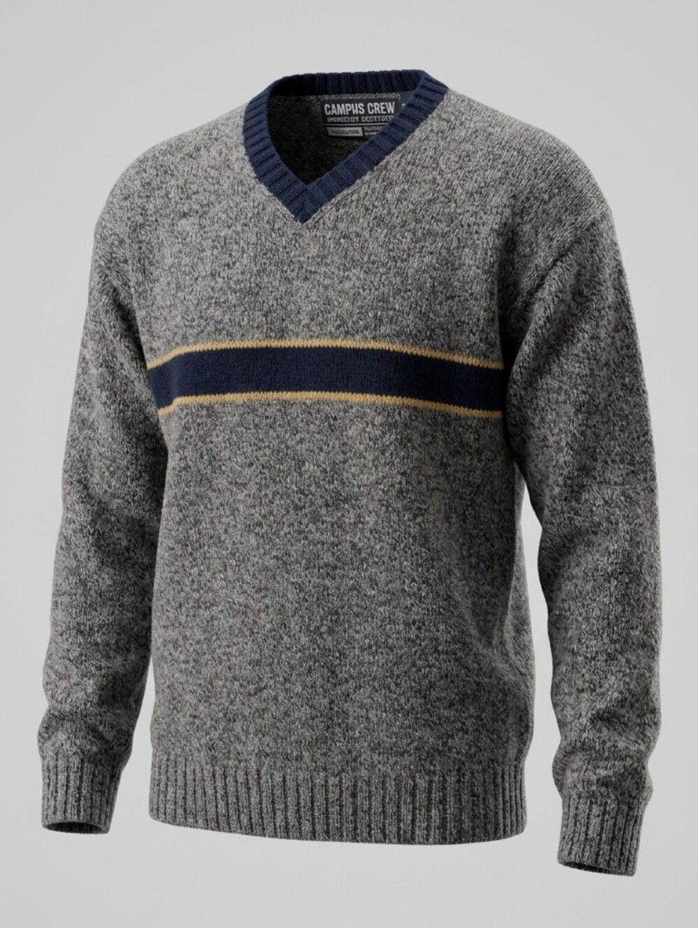 Campus Crew 100% Shetland Wool Grey V-neck Striped Men's Sweater Size XL